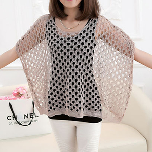 渔网衫套头毛衣女夏大码钩花外搭蝙蝠针织衫镂空罩衫短袖披肩宽松