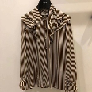 代购celine/赛琳20秋冬新款女装走秀款荷叶边系带条纹真丝衬衫