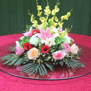 酒店餐桌花圆形餐台装饰花圆桌转盘摆花圆形假花摆件台花仿真花束