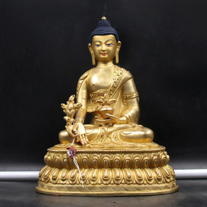 药师佛佛像 藏传佛教用品纯铜鎏金雕刻西藏密宗供奉佛像摆件7寸