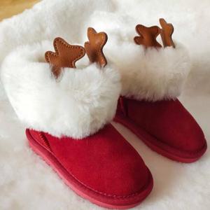 红色沙色小动物亲子真皮雪地靴加厚保暖防滑翻边羊毛男女儿童棉鞋