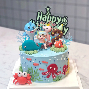 海洋系列烘焙蛋糕装饰软陶鲨鱼章鱼海龟摆件卡通海底小动物宝宝l
