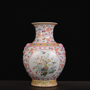 清代嘉庆年制粉彩花鸟福寿尊瓷瓶文玩古董瓷器收藏品书房桌面摆件