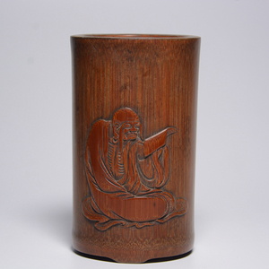 古玩真品古董收藏品老物件竹雕清代老竹器王永芳刻罗汉文房竹笔筒