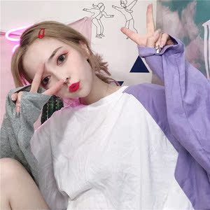 奇葩衣服女两袖不同色ins长袖上衣女生街拍t恤快手另类女装个性潮