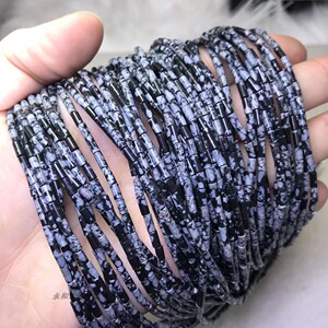 天然2x4mm雪花黑曜石直管珠散珠小管珠半成品长链项链手链门帘diy
