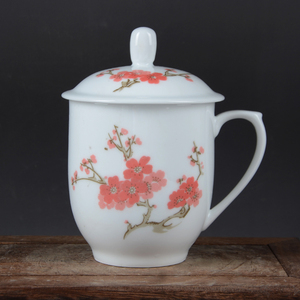 景德镇瓷器高白泥高白釉红梅纹茶杯杯子居家生活用品陶瓷精品摆件