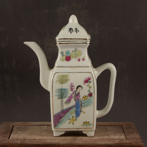 民国手绘粉彩仕女图手执壶茶壶景德镇厂货陶瓷精品摆件古玩古董