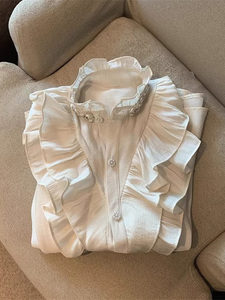 （现货）钉珠白色衬衫女2024年早春新款设计感甜美荷叶边重工上衣