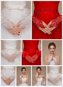 新娘婚纱礼服短款手套薄款勾指蕾丝亮片钻红色白色绑带手套
