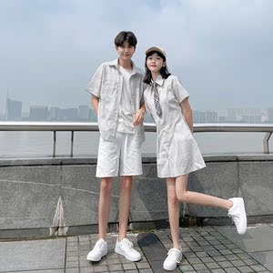 情侣装夏季2022新款潮流韩版学院风情侣装一裙一衣格子男衬衫女裙