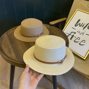 草帽女夏季母女亲子帽出游防晒遮阳帽平顶帽皮带扣帅气沙滩帽新款