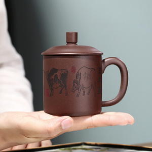 宜兴紫砂杯小容量功夫茶小杯带把纯手工五牛图杯子小号个人主人杯