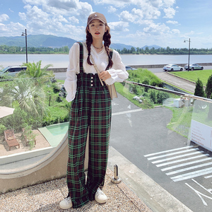 格子背带裤女2022秋季新款设计感高腰直筒休闲百搭开叉阔腿裤长裤
