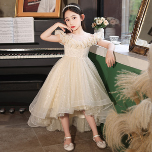 女童礼服高级轻奢花童婚礼公主蓬蓬连衣裙拖尾裙儿童主持人演出服