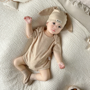 婴儿夏装爬服男女宝宝棉质柔软坑条短袖连体衣哈衣+小兔耳朵帽子