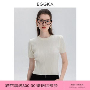 EGGKA 腰部拼接圆领短袖针织衫春季简约休闲通勤修身显瘦打底上衣