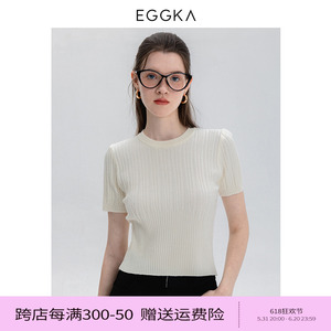 EGGKA 腰部拼接圆领短袖针织衫春季简约休闲通勤修身显瘦打底上衣