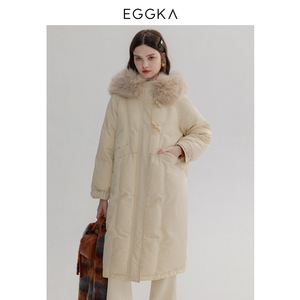 EGGKA 牛角扣翻领中长款棉服冬季女百搭加厚保暖纯色拉链过膝大衣