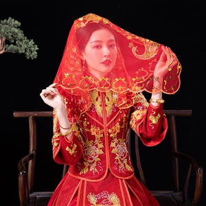 盖头新娘结婚出嫁红盖头纱巾蕾丝蒙头巾中式秀禾服喜帕半透明头纱
