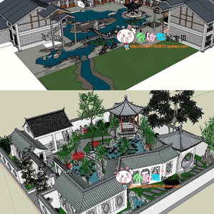 20个新中式古建筑苏州园林别墅庭院花园四合院景观草图大师su模型