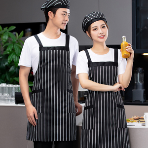 围裙定制加厚背带款黑白条纹大围裙餐饮服务员工作服厨房家用围腰