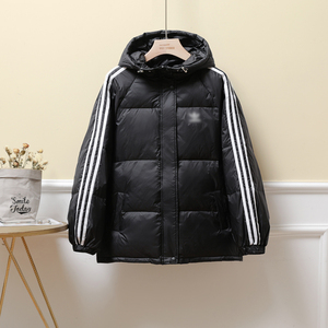 2022羽绒服女短款春秋新款情侣同款白鸭绒运动时尚连帽外套三条杠