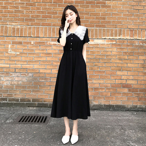 赫本风黑色连衣裙女2024夏季新款法式减龄娃娃领收腰显瘦雪纺长裙