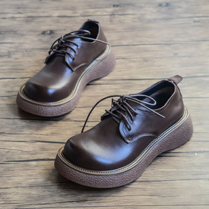 复古手工真皮女鞋2021春款松糕厚底圆头女单鞋牛皮大头皮鞋娃娃鞋