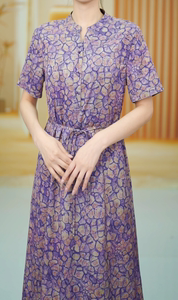 紫色贝壳黑底芙蓉花短袖双面双穿连衣裙ZF-412