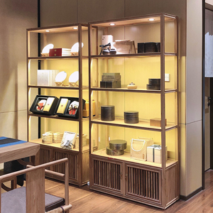 新中式 展示架茶叶架子置物架茶柜实木茶柜子展示柜 落地茶叶店饼