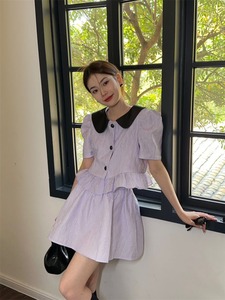 韩版时尚百搭娃娃领小衫套装女夏季高腰半身裙ins风两件套女潮
