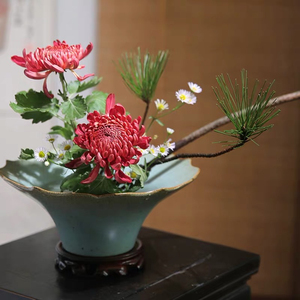 陶瓷花盆莲花盘中式禅意斗笠立花插花剑山花艺家居花艺摆件日式盆