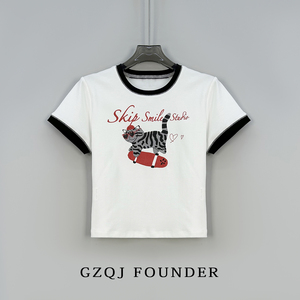 GZQJ【滑板猫】小众设计短袖T恤女夏季新款休闲百搭显瘦正肩上衣