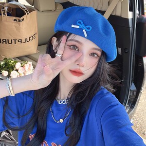 夏季克莱因蓝贝雷帽ins女薄款透气网红蝴蝶结日系画家帽蓓蕾帽子