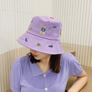 韩版春夏百搭可爱小熊图案渔夫帽少年出游遮阳防晒休闲紫色盆帽潮