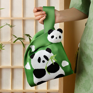大熊猫针织袋手提包包女式2024新款上班小拎包手腕编织端午节成都