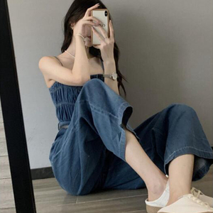 港风复古牛仔吊带抹胸气质连体裤2022新款女神范夏季薄款阔腿显瘦