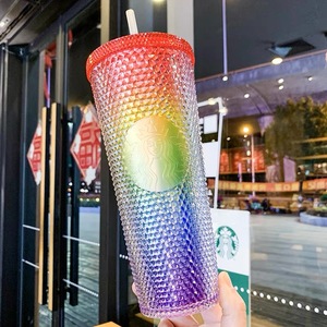 2021年星巴克情人节限量彩虹闪钻造型榴莲渐变炫彩大容量吸管水杯