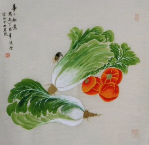 纯手绘四尺斗方餐厅玄关凌雪写意白菜柿子事事如意名人字画中国画