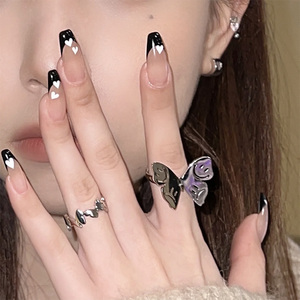 气质黑色爱心少女辣妹穿戴甲手工定制美甲成品欧美风长款指甲贴片