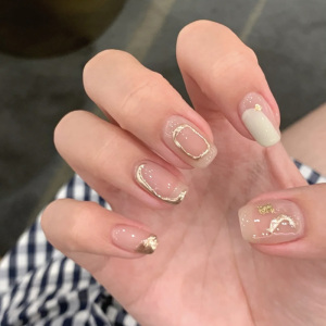 假指甲贴片 简约ins风立体魔镜粉金边裸色美甲成品短款防水甲片