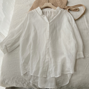 夏日空调白衬衫。天然精纺100支苎麻七分袖前短后长白衬衫女防晒