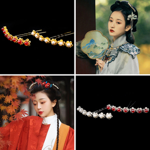 珍珠排插明制大明少女汉服头饰古风发饰七珠钗排簪珠钗花朵发簪子