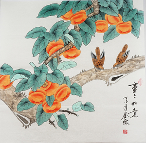 四尺斗方工笔画 国画 事事如意 柿子小鸟 装饰画 秦薇字画 0036