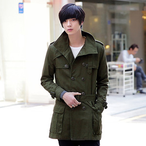 AMH男装韩版修身风衣，衣长90，肩宽45颜色:军绿色,尺码