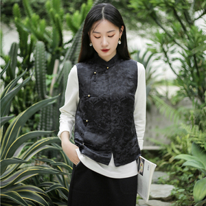 黑色丝麻琵琶襟中式立领马甲【白简朱衣原创设计】水墨茶服