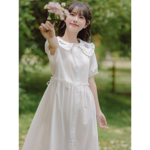 白色纯棉娃娃领连衣裙女夏文艺小清新学生小个子中长款a字小白裙
