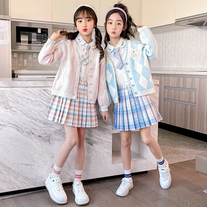 女童jk裙子儿童2022新款学院风毛衣三件套装小学生炸街闺蜜姐妹装