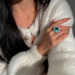 欧美复古高级感彩宝系列超美湖泊绿宝石马眼锆石气质轻奢开口戒指